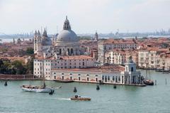 Canal de la Giudecca, Punta della Dogana, Santa Maria della Salute basilica, and Grand Canal in Venice, Italy