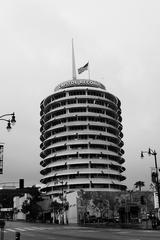 Capitol Records building in black and white on an overcast day