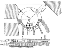 cross-sectional and plan view drawing of the distribution chamber of a Roman aqueduct water tower in Nîmes