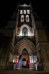 Façade of Saint-Pierre Cathedral in Saintes illuminated at night