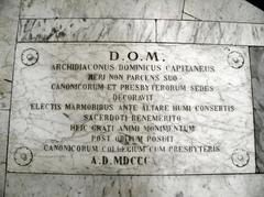 Marble floor donation plaque in Monopoli Cathedral by Abbot Domenico Capitanio in 1893