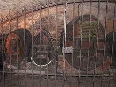 Historical cellar in Strasbourg with wooden barrels and oldest stored white wine from 1472