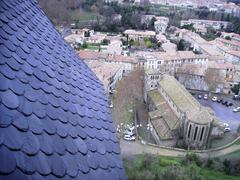 Carcassonne castle tower roof with church view