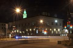 Denver Mint building at night with street intersection