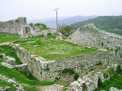 Berat town with its historic white Ottoman houses, and the Berat fortress on the hill in the background