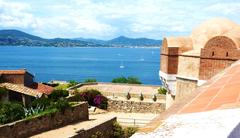 view from the terrace of the Maritime History Museum in Saint-Tropez, overlooking Spanish cannons and the Gulf of Saint-Tropez