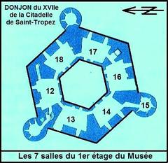 Plan of seven rooms numbered 12 to 18 on the first floor of the Maritime History Museum in the 17th-century dungeon of the citadel of Saint-Tropez