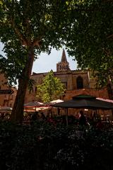 Panorama view of Place du Cloître-Saint-Pierre in Avignon facing the Gothic Basilica of Saint Peter