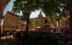 Panorama of Avignon's Place du Cloître-Saint-Pierre with a view towards Basilique Saint-Pierre d'Avignon