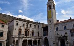 Luza Square in Dubrovnik with historical buildings and a clock tower