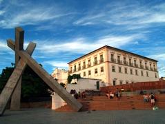 Fallen cross monument at the site of the demolished colonial cathedral of Salvador, Bahia, Brazil