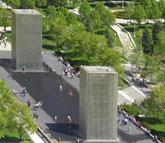 Glass brick towers of Crown Fountain, viewed from above with a rotated and sheared perspective