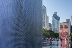 Crown Fountain in Summer with children playing in water