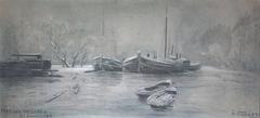 charcoal drawing of Paris Port des orfèvres in winter