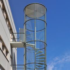 Fire escape stairs at Novo Industri in Copenhagen, designed by Arne Jacobsen