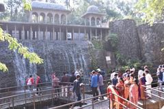 selfie crowd at waterfall in Nek Chand's Rock Garden