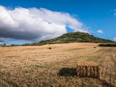 Straw bales on a wheat field in front of the Olarizu summit