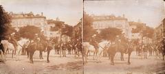 military parade at Virgen Blanca square with four officers on horseback and cavalry in background