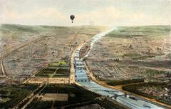 A hot-air balloon over Paris townscape, 1846