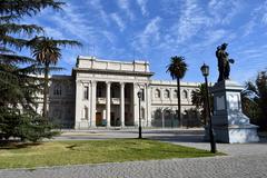 Front facade of the National Museum of Natural History and sculpture in Parque Quinta Normal, Santiago, Chile