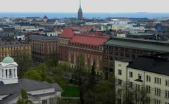 Helsinki city skyline at sunset with iconic landmarks visible