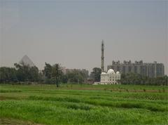 Cairo cityscape with iconic pyramids in the background