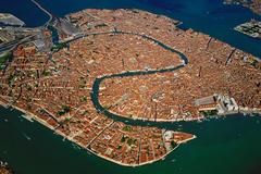 Aerial view of Venice old town island and surrounding lagoons