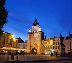 Clock tower in La Rochelle during evening