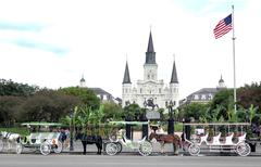 Horse-drawn carriages at Jackson Square, New Orleans.