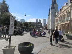 Chartres Street at St Ann Street in the French Quarter, New Orleans, with Jackson Square visible, taken in January 2019