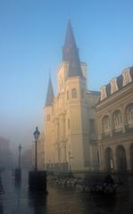 Foggy morning at St. Louis Cathedral in Jackson Square, New Orleans