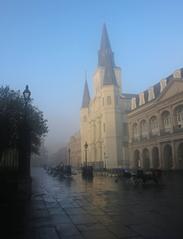 Foggy morning view of St. Louis Cathedral at Jackson Square in New Orleans