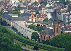 View of Museumsufer with Ikonenmuseum, Deutschordenshaus, Deutschordenskirche, and Dreikönigskirche in Frankfurt