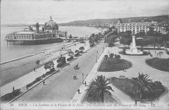 A black and white postcard depicting the promenade des Anglais, the casino of the Jetty, and the garden Albert 1er in Nice, France