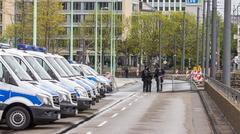 Police cars parked on the Deutzer Bridge during the 2017 AfD party convention in Cologne