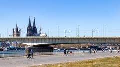 People practicing social distancing on Deutzer Bridge in Cologne