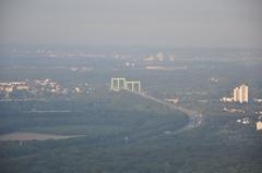 View of the Rodenkirchen motorway bridge during a hot air balloon ride in Cologne