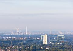 Hot air balloon flight over Cologne Rodenkirchen Autobahn Bridge and Rheinland Refinery Godorf