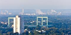 Hot air balloon flight over Cologne Rodenkirchen motorway bridge and Rheinland Refinery Godorf