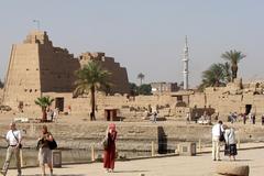 Luxor Temple at dusk with illuminated columns