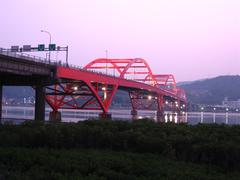 Guandu Bridge at sunset over calm river