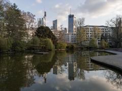 Skyscrapers reflecting in a pond at Bockenheimer Anlage, Frankfurt am Main