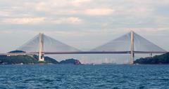 view of bridges over Hong Kong harbor with urban skyline and hills in the background