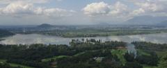 Dal Lake panoramic view with mountains and houseboats