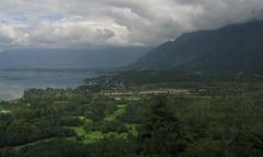 Dal Lake shoreline with houseboats and mountains in the background