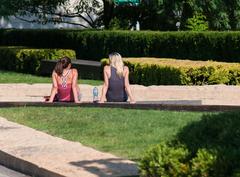 Lurie Garden in Chicago with lush greenery and a cityscape in the background