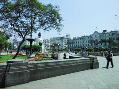 Panoramic view of Lima, Peru with historic buildings and mountains in the background