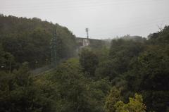 Funicular train traveling through a foggy, wooded landscape