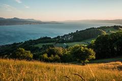 Lake Geneva at sunset from the Tour de Gourze