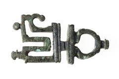 ancient bronze key with ring-shaped head and number 5 bit